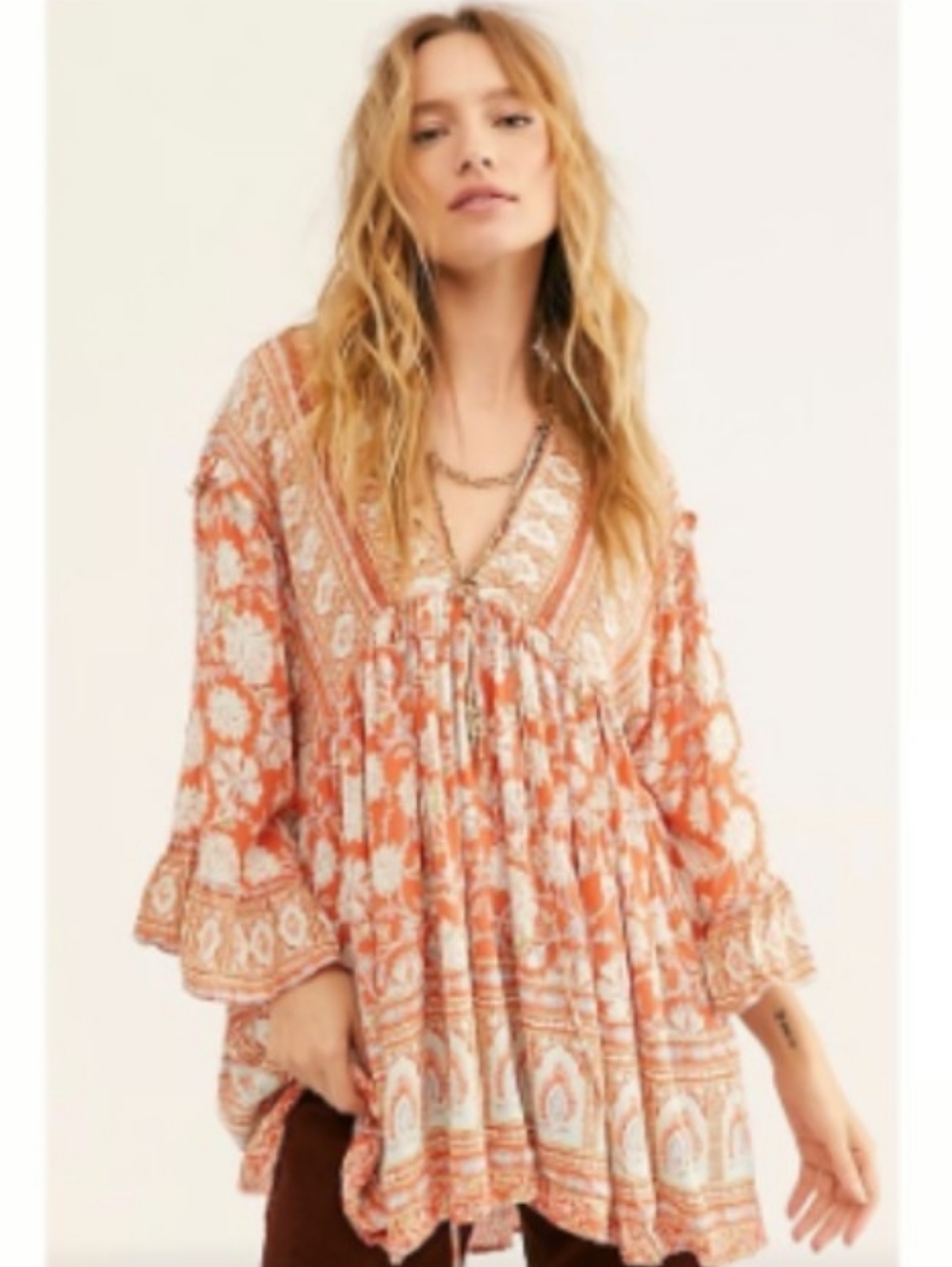 Free People Coral and Light Blue Printed Boho Tunic Dress
